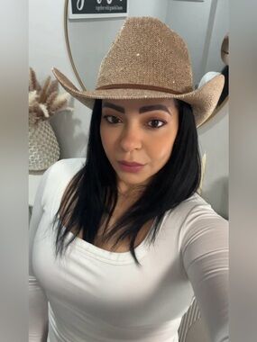 Mudd Hatter Sparkly Western Cowboy Hat Beige Gold Tone